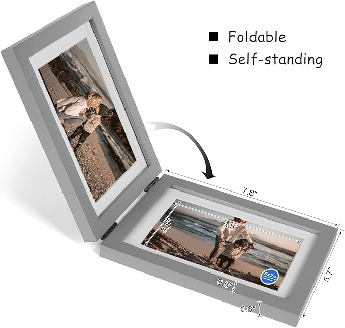 5x7 Double Horizontal Hinged Wood Picture Frame Folding Photo Frame with Real Glass Front in Gray for Tabletop, Display 4x6 with Mat or 5x7 without Mat P-HUI-2H57