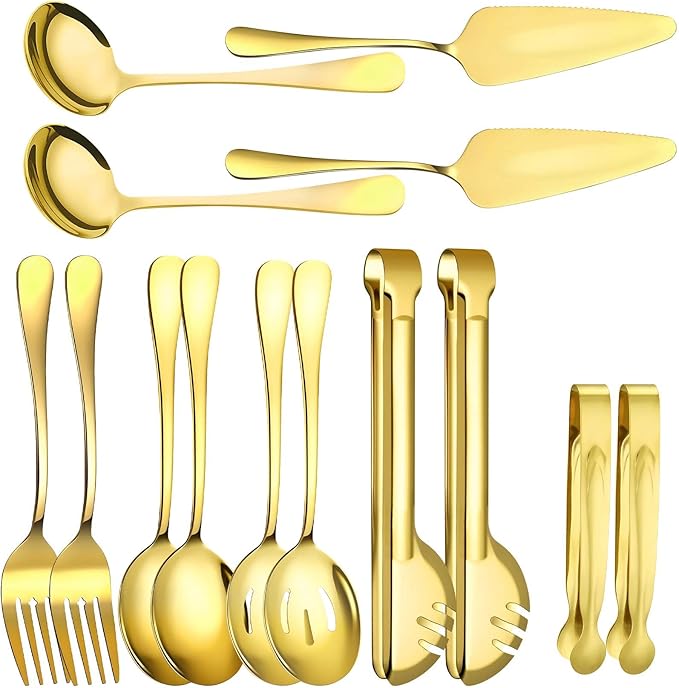 12 Pcs Gold Serving Utensils Set Include Stainless Steel Large Serving Spoons Slotted Spoons Forks Soup Ladle Pie Server - Metal Utensils for Parties Buffet Catering, Dishwasher Safe