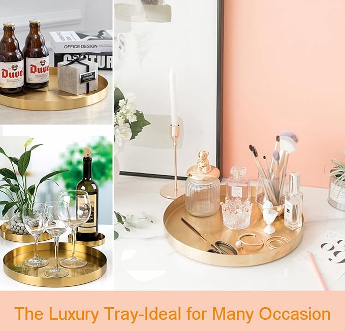Beautiful Stainless Steel Round Tray - Gold Jewelry Dish & Makeup Organizer for Vanity, Bathroom, Dresser & Serving Tray for Drink, Breakfast, Tea, Dinner (L-12 inch)