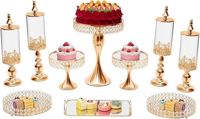 10PCS Wedding Metal Dessert Table Set, Crystal Cake Stand Cupcake Holder Gold Cake Display with Acrylic Mirror Surface, Cupcake Dessert Plate Display for Birthday Party