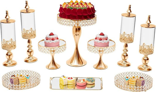 10PCS Wedding Metal Dessert Table Set, Crystal Cake Stand Cupcake Holder Gold Cake Display with Acrylic Mirror Surface, Cupcake Dessert Plate Display for Birthday Party
