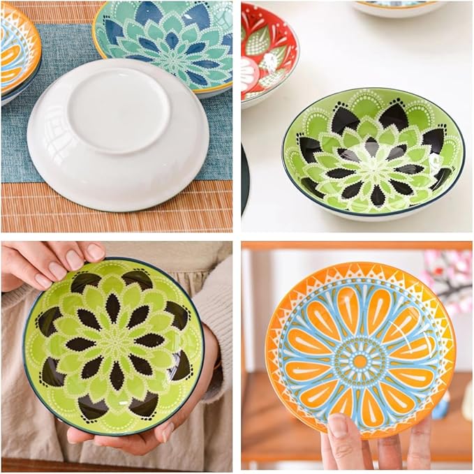 Set of 4 10 OZ Colorful Ceramic Dessert Bowls Bohemian 6 inch Serving Dishes Cute Shallow Bowls for Appetizer,Side Dishes,Sushi,Salad,Snack,Icecream,Fruit,Microwave Dishwasher Safe