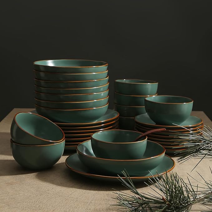 Stone Lain Brasa Stoneware 32 Piece Modern Dinnerware Sets, Plates and Bowls, Service for 8, Green, Microwave & Dishwasher Safe