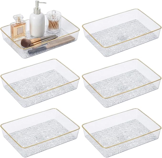 Clear Acrylic Tray, 6 Pack Acrylic Serving Trays Deep Serving Platter Decorative Tray with Gold Rim, Reusable Plastic Tray for Living Room Entryway Bedroom Kitchen Coffee Table Coutertop (Large)