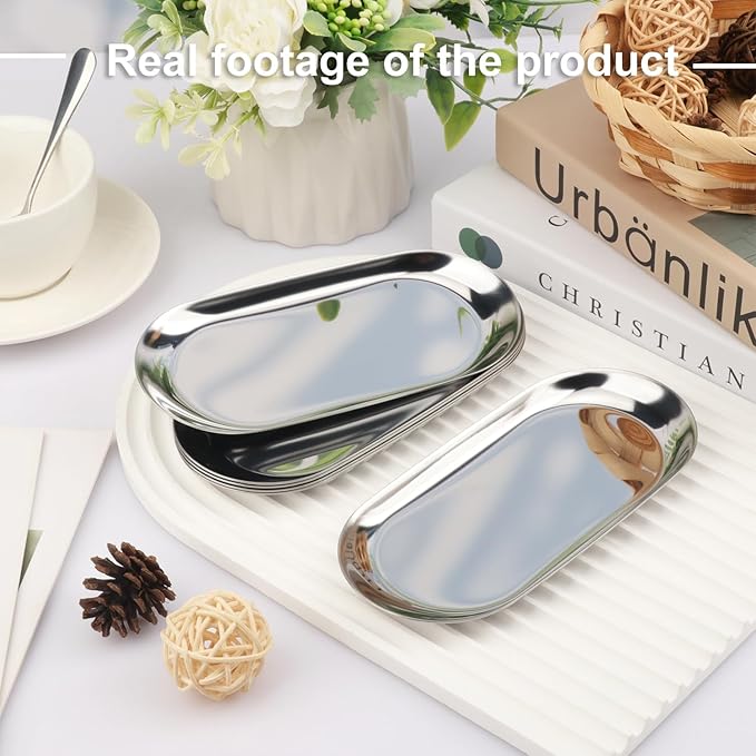 12 Pack 7 Inch Oval Stainless Steel Decorative Tray, Stainless Steel Tea Fruit Tray, 7 inch Silver Oval Trays for Bathroom Vanity, Jewelry, Perfume & Key Organizer (Silver)