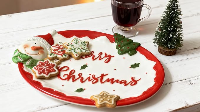 White Oval Xmas Snacks Appetizer Trays Sets, Christmasman Dessert Porcelain Serving Dishes, Snack Platter, Food Cereal Salad Bowl, Christmas Santa Claus High Relief Ceramic Plate - White