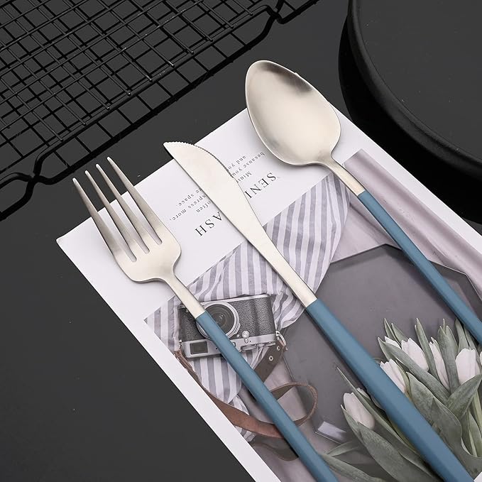 JASHII Matte Blue and Silver Silverware Set, 304 Stainless Steel Flatware Set Service for 4, Tableware Cutlery Set for Home Restaurant Party, Dinner Forks/Spoons/Knives, Slim Handle, Dishwasher Safe
