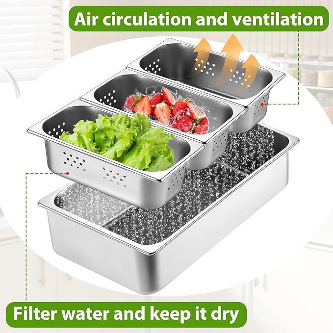 Perforated Countertop Food Serving Display Container and Clear Roll Top Cover 3 Pan Stainless Steel Food Serving Tray Buffet Condiment Dispenser Display Rack for Restaurant Hotel Kitchen Party