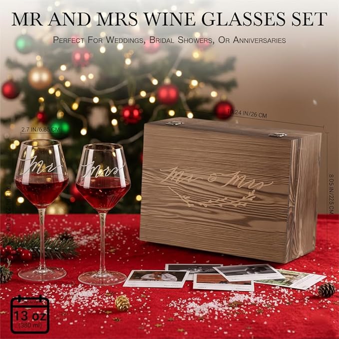 Christmas Mr Mrs Wine Glasses for Couples – Engagement, Wedding & Newlywed Gift for Couples, Just Engaged Gifts for Women, Woonden Memory Box Xmas Couple Present