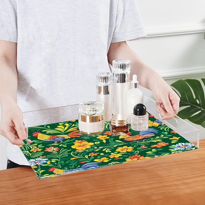 Serving Tray with Handles Clear Acrylic Tray 12x16 Inch Decorative Rectangular Tray Organizer for Ottoman Coffee Table Bathroom Green Rooster and Flower Spring