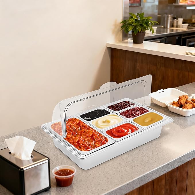 7 Compartments Food Serving Display Container, 7 Pans Countertop Ice Food Serving Display Container Stainless Steel Buffet Food Display Serving Tray with Clear Roll Top Cover Serving Dish