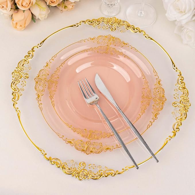 10" Dinner Plates -Set of 30 - Plastic Transparent Blush Round Baroque Disposable Chargers Leaf Embossed Rim, Ideal for Dinner Party Wedding Bulk Events