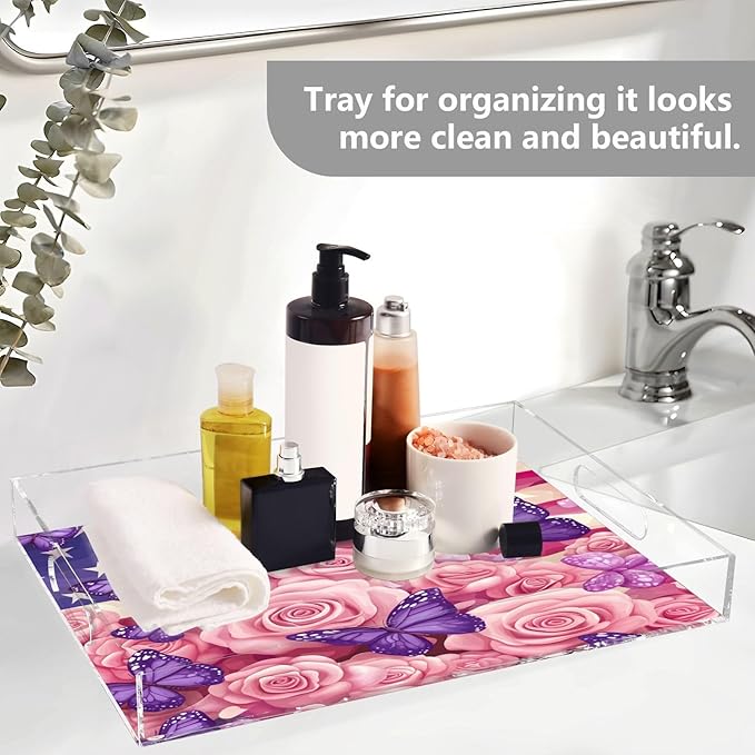 Serving Tray with Handles Clear Acrylic Tray 12x16 Inch Decorative Rectangular Tray Organizer for Ottoman Coffee Table Bathroom July 4th Pink Roses and Purple Butterflies