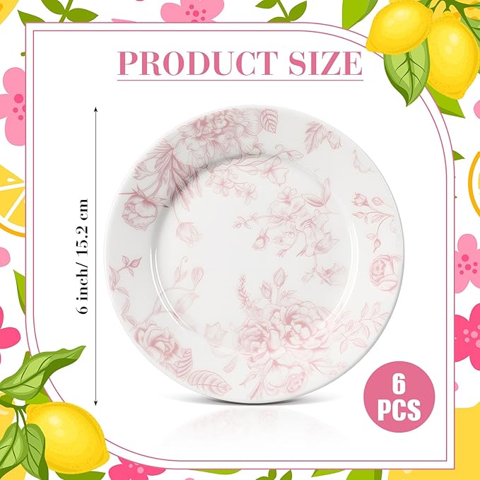 Honeydak 6 Pcs 6 Inch Pink Floral Flower Ceramic Plates Pink and White Porcelain Salad Serving Plate Vintage Dinner Appetizer Dessert Dishes Tableware for Wedding Birthday Tea Party Table Supplies