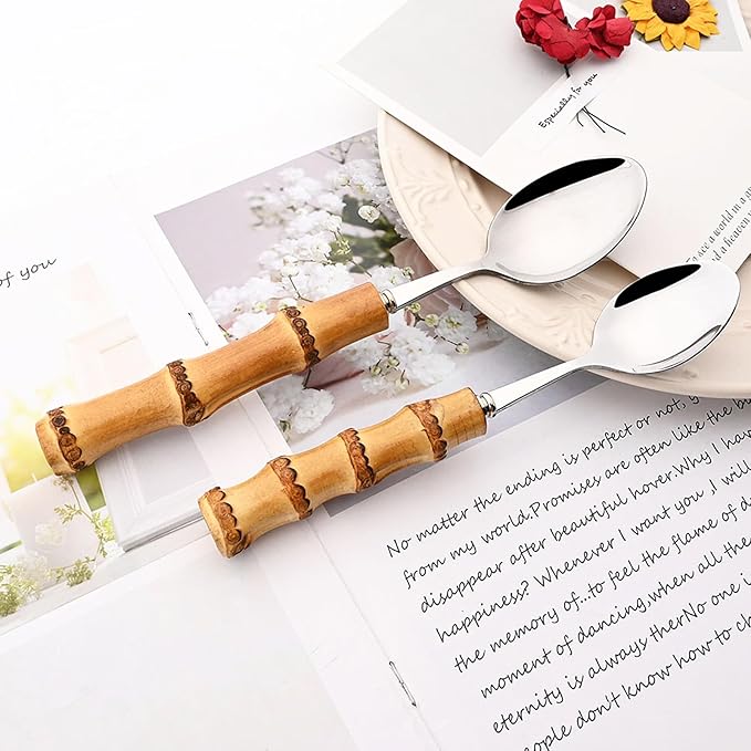 8pcs Silver Teaspoon, Stirring Spoon Bamboo Handle Ice Cream Spoon, Coffee Tea Spoon Set, Food Grade 18/10 Stainless Steel Tablespoons, 6.3-inch