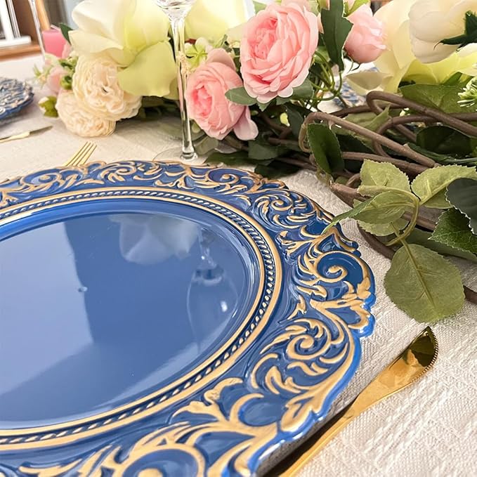 Antique Charger Plates with Gold Rim, 13 Inch Royal Blue Dinner Plate Chargers Round Server Ware, Set of 6 Plastic Embossed Charger for Dinner, Wedding, Elegant Tableware Decor