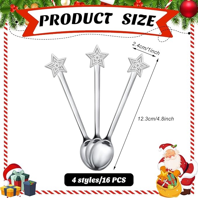 Skyley 32 Pieces Christmas Spoon Set Hot Chocolate Stirring Creative Stainless Steel Coffee Tea Soup Dessert for Drink Mixing Milkshake, 4 Styles, Silver
