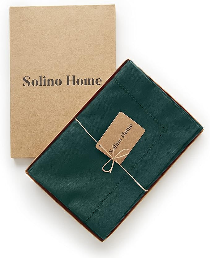 Solino Home Cloth Napkins Set of 4 - Cotton Linen Hemstitch Dark Green Dinner Napkins 20 x 20 Inch for Winter, St Patricks Day - Handcrafted and Machine Washable