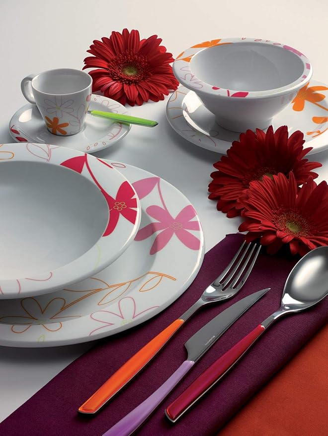 BUGATTI, Glamour 4 Piece Cutlery Set 18/10 Stainless Steel Red Handle Cutlery Set for 1 Person 1 Spoon Fork Knife Teaspoon