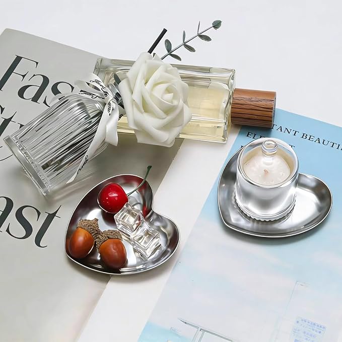 PINE & LINEN 2pcs Silver Jewelry Dish,3.5inch Stainless Steel Heart Trinket Tray Decorative Plate,Small Serving Tray for Home Decor/Decor Enthusiasts