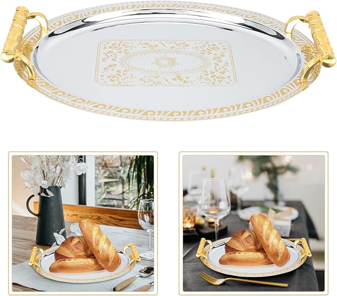 Gold Stainless Steel Oval Serving Tray Food-Grade Household Fruit and Snacks Tray European Style Coffee Table for Kitchen and Dining