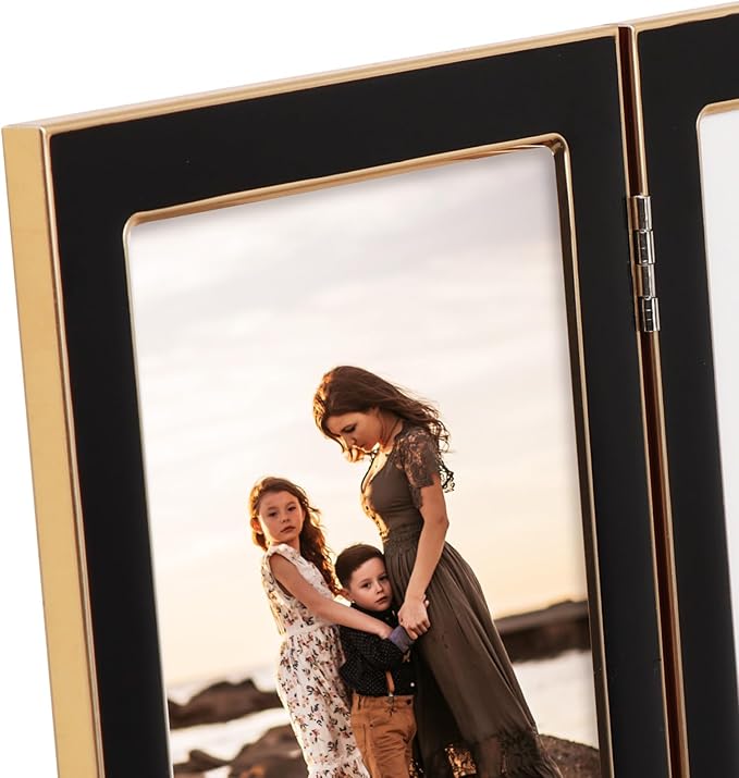 Giftgarden 4x6 Double Picture Frame Black with Tempered Glass Display 4 by 6 Photo, Metal Hinged Folding Frame for Tabletop or Wall