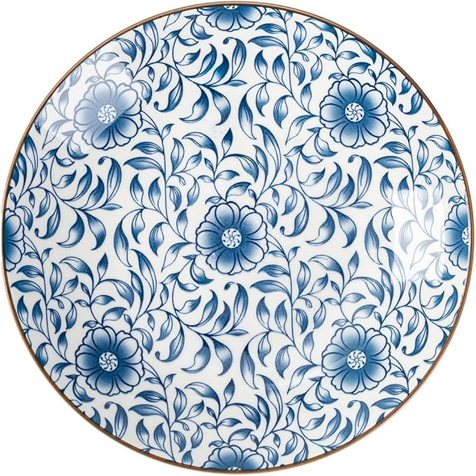 TJ Global Set of 4 Japanese Pottery Ceramic 6.8 Inch Plates for Any Meal and Dish, Japanese Dinnerware and Tableware with Traditional Blue Design