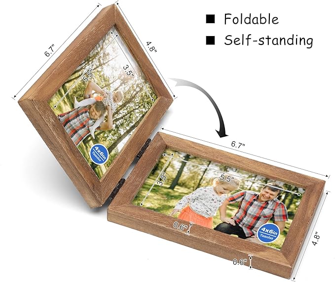 4x6 Double Hinged Picture Frame Folding Photo Frame Vertical and Horizontal in Distressed Farmhouse Wood Grain Pine Wood with Real Glass for Tabletop P-MU-SH46