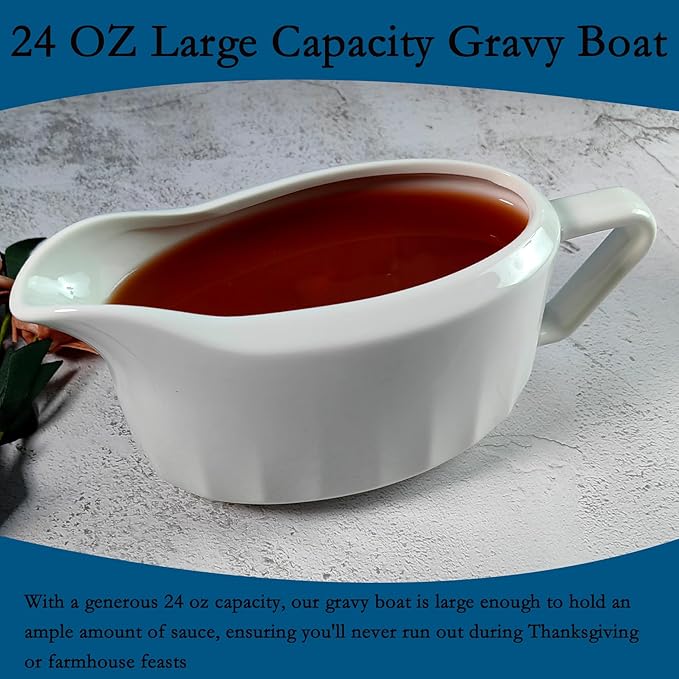 TripDock Large Capacity Gravy Boat-24 Oz Thanksgiving Farmhouse Gravy Boat/White-Perfect Addition to Your Holiday Table Setup