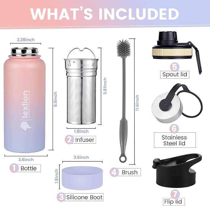 Lexlion Tea Infuser Water Bottle 32 Oz – Triple Wall Insulated Stainless Steel, Loose Leaf & Fruit Strainer, 3 Leakproof Lids, BPA-Free Silicone Sleeve, Reusable Thermal Mug