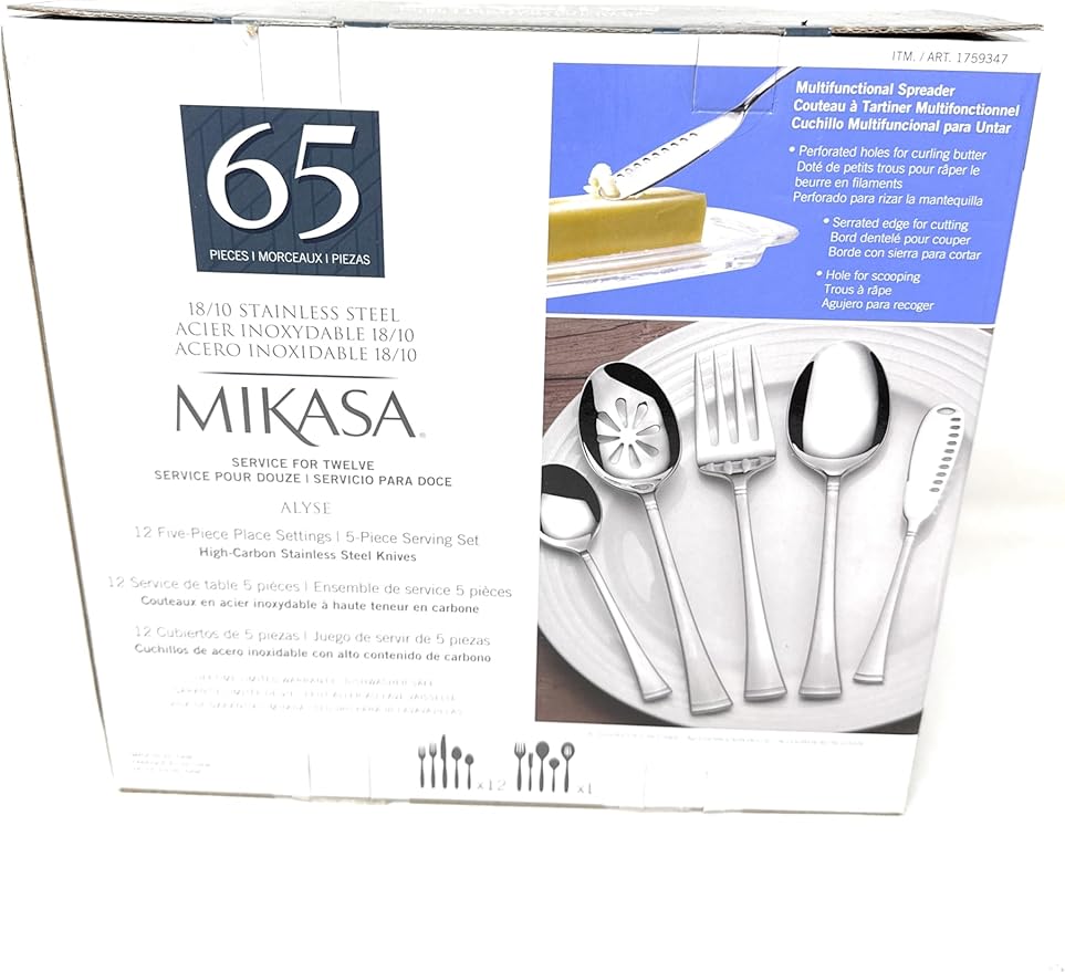 Mikasa, Alyse Flatware Service for 12, 65 Piece Set, 18/10 Stainless Steel, Silverware Set with Serving Utensils