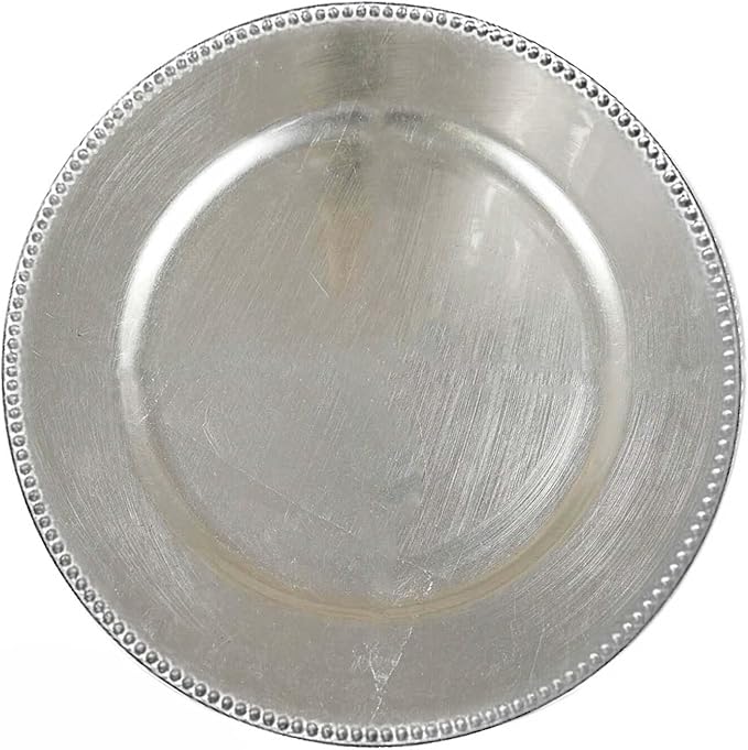 13" Charger Plates -Set of 12 - Acrylic Silver Round Beaded Disposable Chargers, Ideal for Dinner Party Wedding Bulk Events Tabletop Decoration