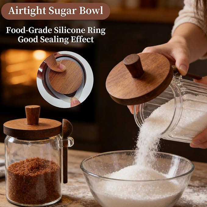 Sugar Bowl with Lid and Spoon,20 oz Sugar Container for Coffee Bar, Glass Coffee Canister, Airtight Food Storage Jar, Brown Sugar Container, Cereal Tea Salts Spice Jar（Stripe）