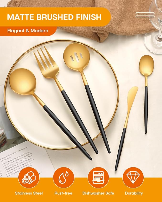 EUIRIO 5PCS Large Serving Utensils Set, Matte Black Gold Flatware Serving Utensils, Heavy Duty Stainless Steel Serving Spoon, Slotted Spoon, Serving Fork, Sugar Spoon&Butter Knife, Dishwasher Safe