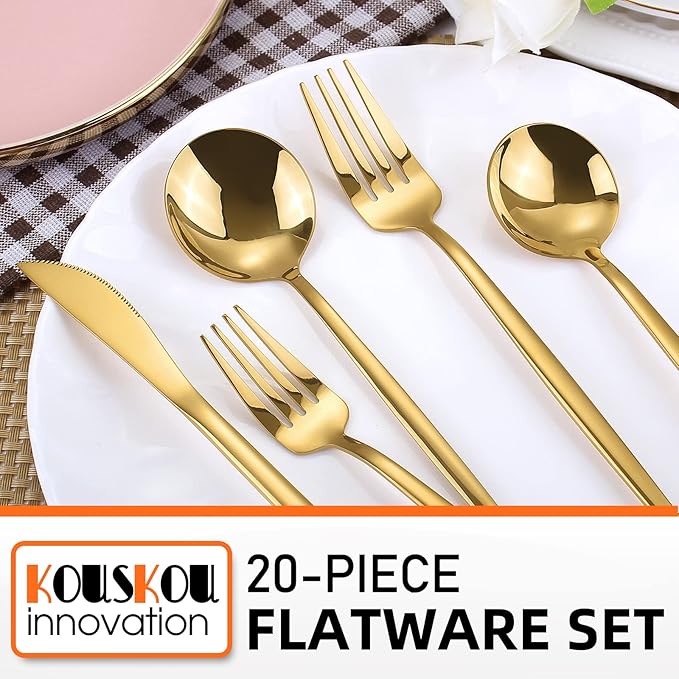 Mirror Gold Silverware Set, 20-Piece Flatware Cutlery Sets Service for 4, Mirror Polished Tableware Set, Utensils for Kitchens, Home and Restaurant, Dishwasher Safe