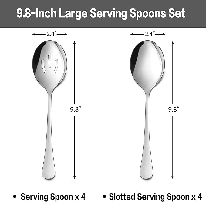 LIANYU 8 Pack Large Slotted Stainless Steel Serving Utensils - 9.8 Inch Spoon Set for Banquet Catering Buffet Dinner Restaurant Party