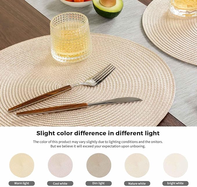 FunWheat Round Braided Placemats Set of 4 Table Mats for Dining Tables Woven Washable Non-Slip Place mats 15inch (Beige, 4pcs)