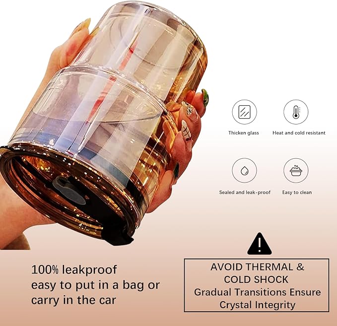 BLUEPOLAR 13 oz Tumbler Water Glass, Water Bottle with Straw and Dustproof Lid, Coffee Ice Cup Double Wall Insulated Glass Cup (Amber-Ribbed)