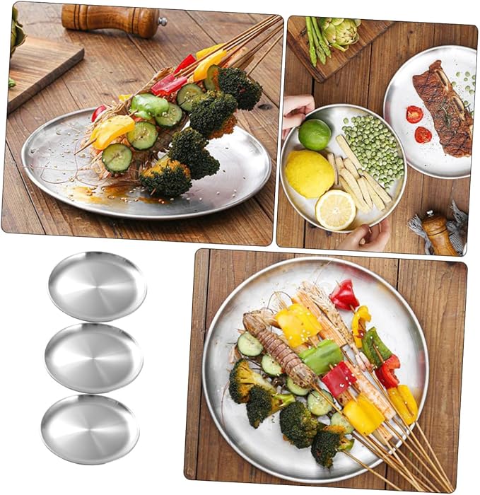 Mobestech 3 Pcs Stainless Steel Plate Divided Outdoors Buffet Dinner Trays Dining Trays for Serving Food Round Unbreakable Platters Camping Servers Dinner Plates Grilling Serving Tray Silver