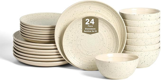 Stone Lain Dua 24-Piece Dinnerware - Stoneware, Plate and Bowls, Dishwasher and Microwave Safe, Dish Set for 8, White