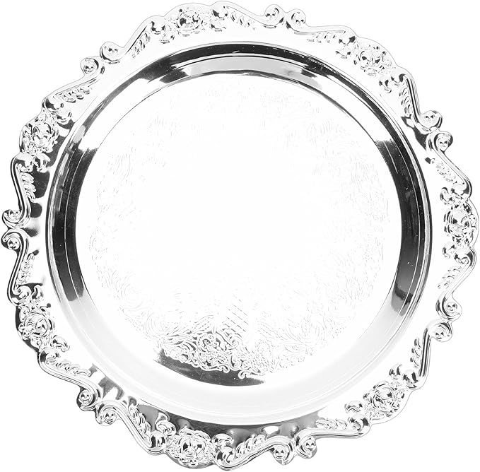 Asixxsix Asixxsix Silver Serving Tray, Vintage Floral Engraved Decorative Tray with Floral Design for Party Food Appetizers Desserts Fruits Whiskey Charcuterie (25cm) (20cm)