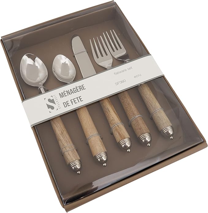 Natural Bark Wood Style Handle Place Setting Flatware (Set of 5)