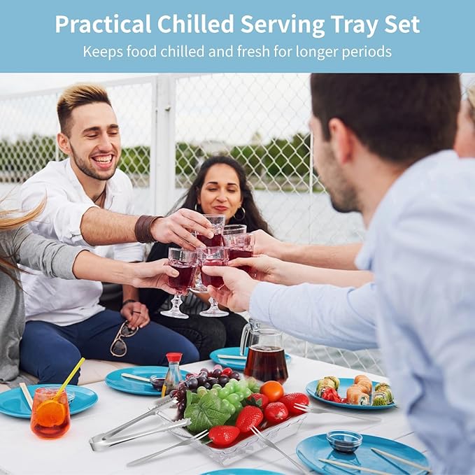 4 Sets Chilled Serving Tray, 9 in Square Ice Chilled Party Platter, Charcuterie Serving Board with Ice Tongs and Forks for Outdoor Buffet, Fruit, Appetizer, Seafood, Cold Dish, Picnic