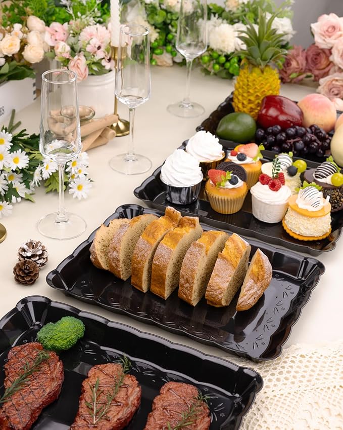 BESTVIP 12 Pack Black Plastic Serving Trays - 9x13 Rectangle Flower - Edged Cookie Platters for Halloween, Events, Weddings, Daily Meals, Parties, Snacking, Crafting & Pet Feeding