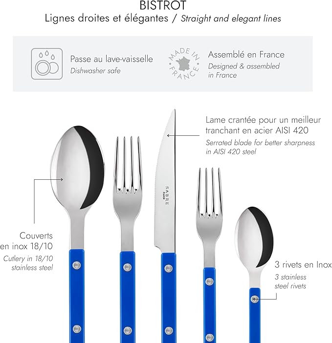 SABRE PARIS - 20-Piece Flatware Set for 4 - Bistrot Collection - Knife, Fork, Soup Spoon, Teaspoon & Dessert Fork - Stainless Steel & Nylon - Dishwasher Safe - Lapis Blue - Shiny Finish