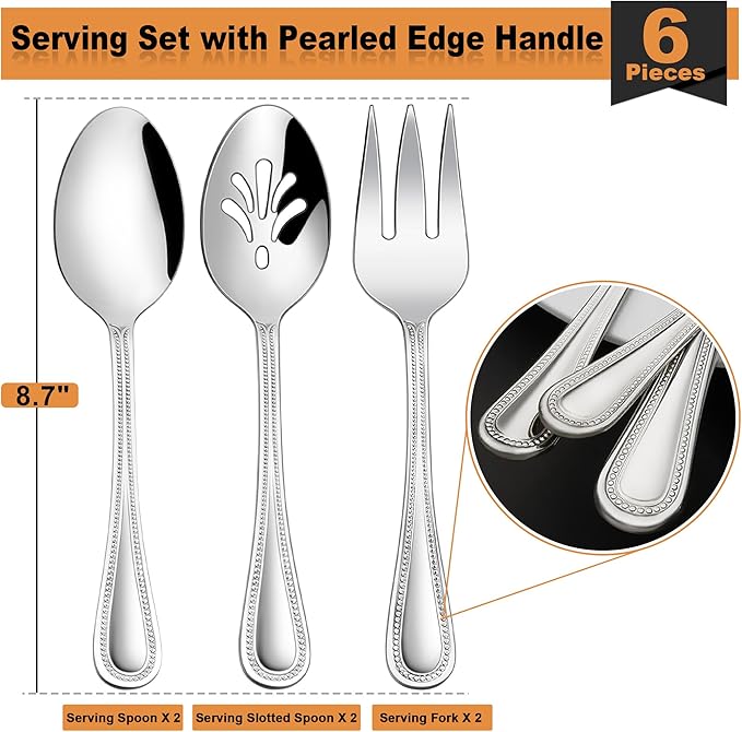 HaWare 6 Pieces Serving Set, Stainless Steel Silverware Serving Utensils, Pearled Edge Hostess Silverware for Buffet Party Kitchen Restaurant, Mirror Finished & Dishwasher Safe