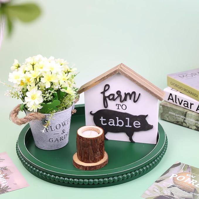 Green Round Wood Decorative Ottoman Tray for Coffee Table Kitchen Counter, Living Room, Handcrafted Green Wooden Serving Tray for Table Centerpiece