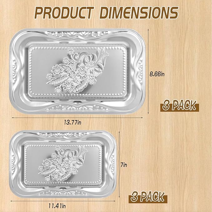 6 Pack Silver Serving Trays Set, Floral Engraved Mirror Decorative Tray Party Platters for Whiskey Cookies Food Dessert Fruit Cupcake Weddings Table Parties Display