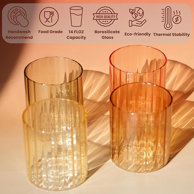 ELEMENT LABS Amber & Brown Glassware Set of 4-14oz Modern Aesthetic Borosilicate Drinking Glasses for Water, Coffee & Cocktails Stylish Warm-Tone Cups for Home & Entertaining