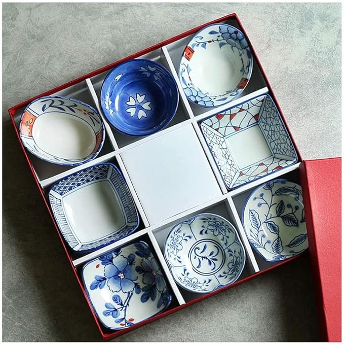 Appetizer Plates, Ceramic Sushi Dinnerware 8pc Set,Sushi Plates Soup Sauce Bowls,Dip Dish for Serving Dips, Dressings, Sauces, Appetizers-B